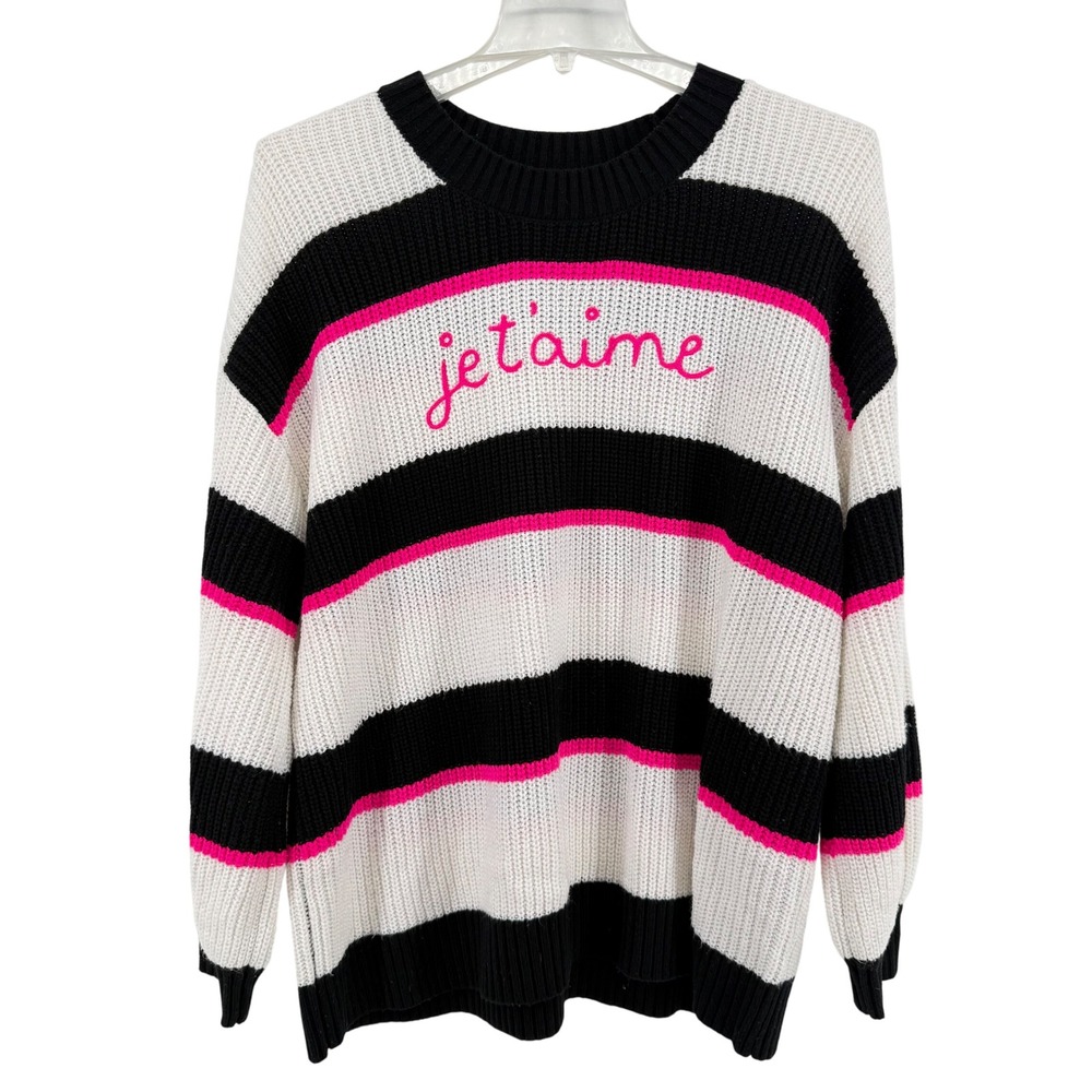 Torrid Striped Sweater Je T'aime Hot Pink Black White Knit Size 1X‎ Plus